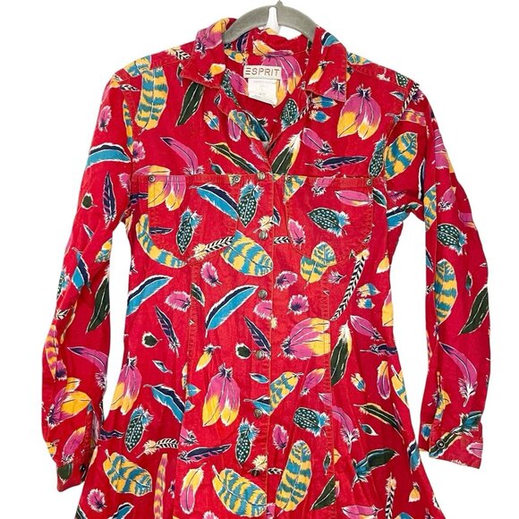 Vintage 90s ESPRIT Kids Feather Print Southwestern Shirt Dress Red Button Front‎ - Picture 3 of 7